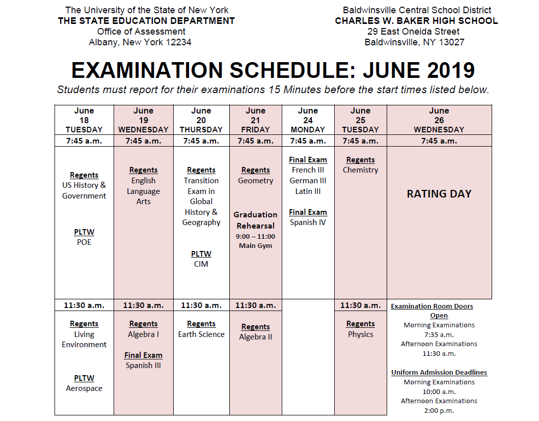 June 2022 Regents Schedule Regents Test Schedule | Baldwinsville Central School District